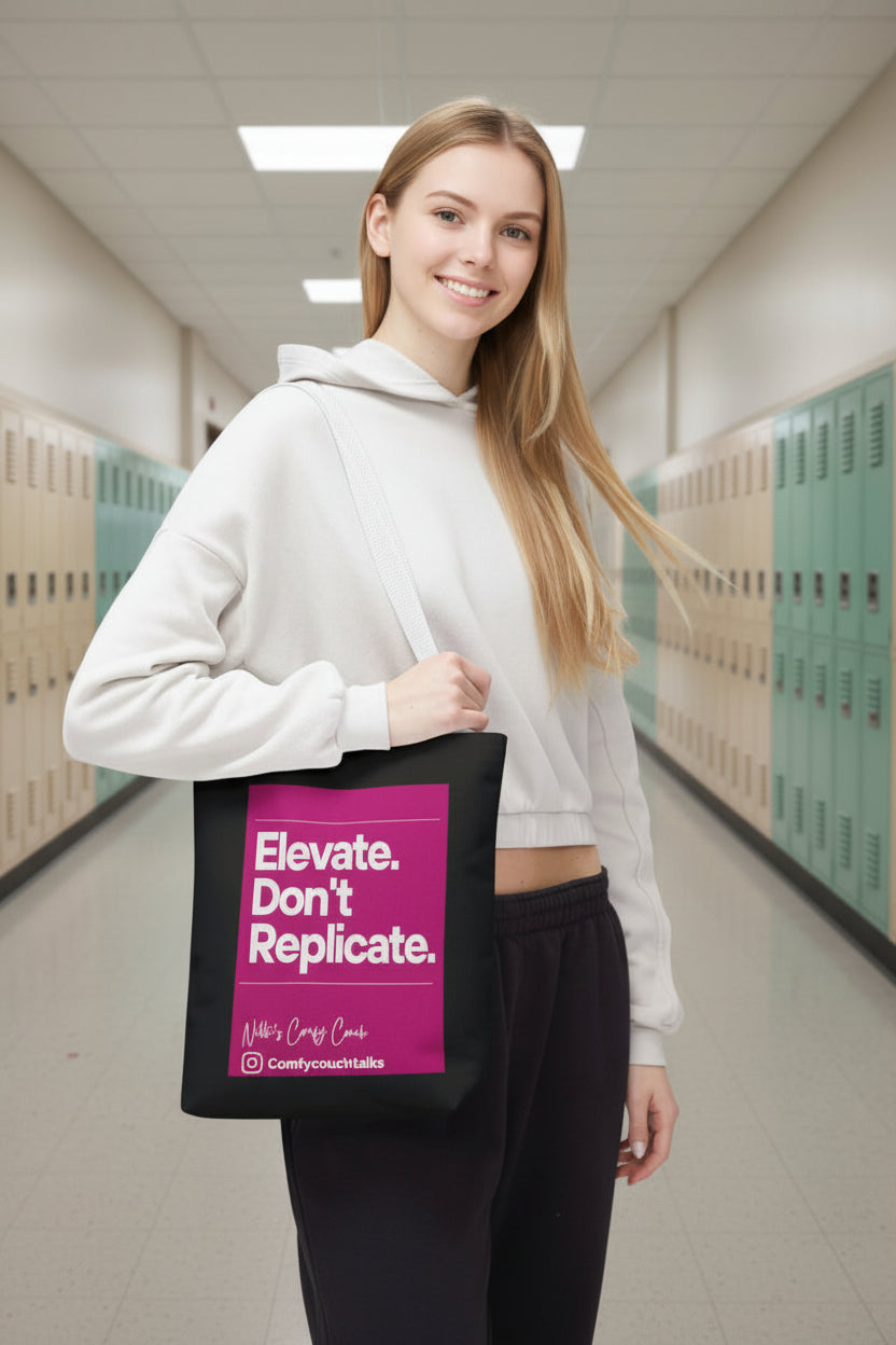 Elevate. Don't Replicate. Pink Block Tote Bag